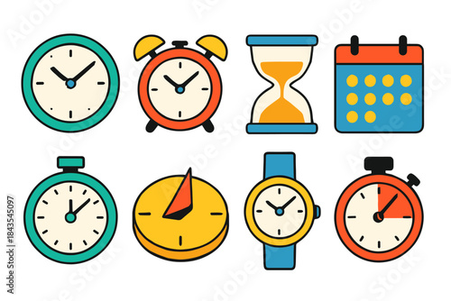 Colorful assortment of clocks, watches, and timekeeping devices