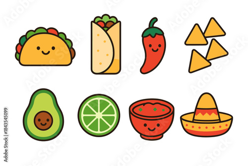 Colorful mexican food icons with smiling faces and sombrero vector art