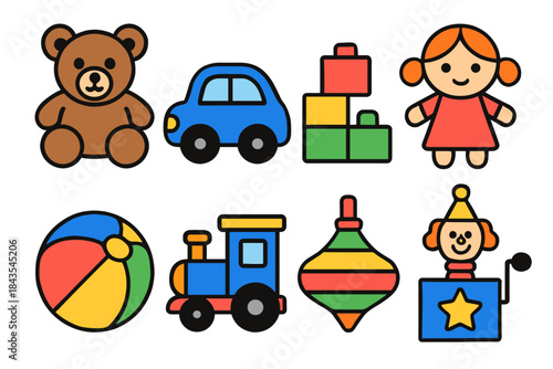 Colorful cartoon toys collection with bear, car, blocks, doll, ball, train, top, and clown