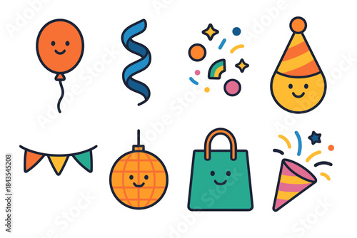 Festive party icons: balloon, streamer, confetti, party hat, bunting, ornament, gift bag, party popper
