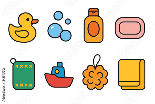 Colorful bath icons featuring duck, soap, bubbles, and bath accessories