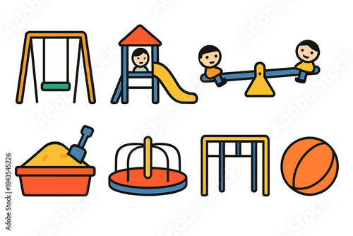 Colorful playground equipment with swings slide sandbox seesaw merry-go-round