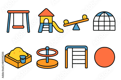 Colorful playground equipment set with swings, slide, seesaw, climbing dome, and sandbox