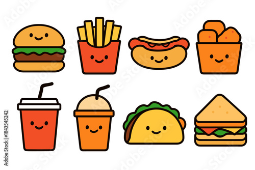 Cute cartoon fast food collection with smiling faces: burger, fries, hot dog, taco, and more