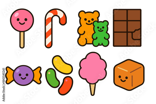 Cute candy and sweets collection: lollipop, gummies, cotton candy