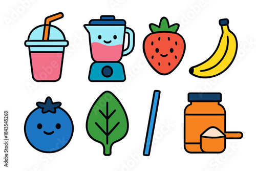 Cute smoothie ingredients: blender, juice, fruits, leaf, straw, jar