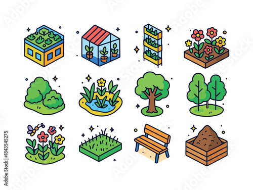 Green Spaces Icons. Green Spaces. Colorful isometric vector icon