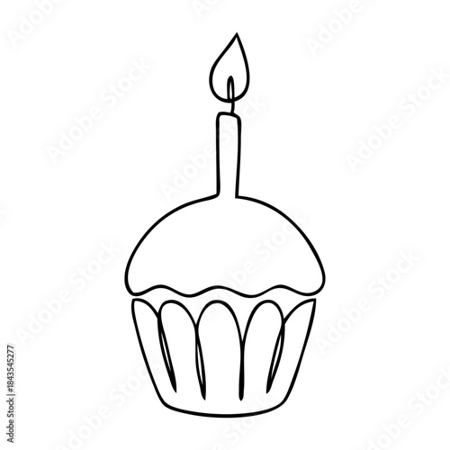 Dibujo de línea continua de cupcake con vela encendida para celebrar el cumpleaños 