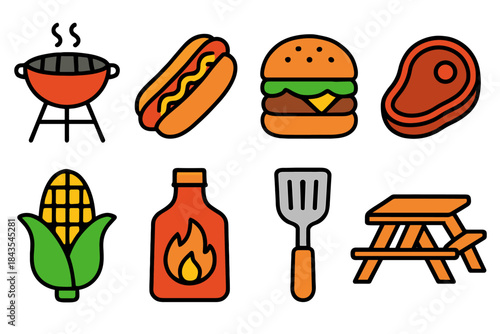 Colorful bbq icons featuring grill, hotdog, burger, steak, corn, sauce, spatula, picnic table