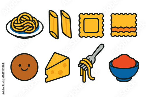 Italian pasta varieties with cheese and tomato sauce icons