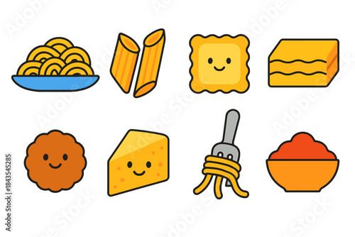 Cute cartoon noodles, pasta, cheese, and meatball characters with smiling faces