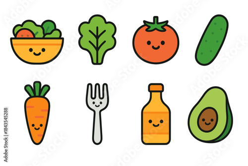 Cute cartoon vegetables and utensils with smiling faces