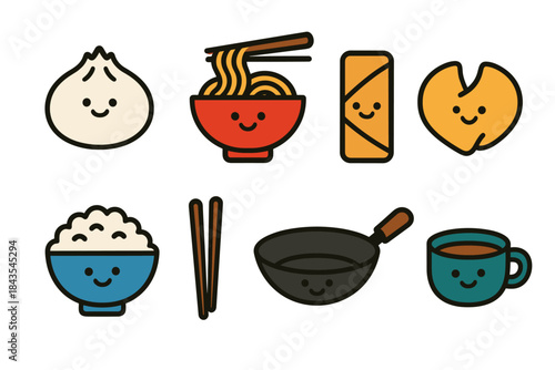 Cute cartoon asian food characters featuring dumpling, noodles, spring roll, fortune cookie, rice, wok, coffee