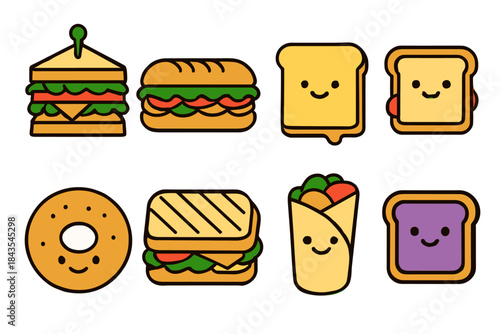 Cute cartoon happy sandwiches and snacks in various styles