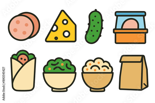 Cartoon-style snack icons: cheese, pickle, wrap, salad, rice, lunch bag