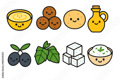 Cute kawaii food icons with smiling faces: soup, meatballs, pancake, oil, olives, mint, sugar, yogurt