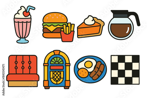 Retro diner icons featuring milkshake burger fries pie coffee jukebox breakfast checkerboard
