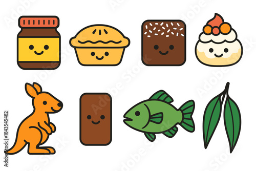 Cute food and animal cartoon icons with kawaii faces