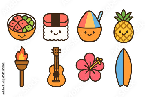 Cute hawaiian icons featuring food, surfboard, ukulele, and tiki torch
