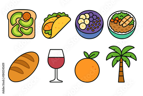 Avocado toast, tacos, acai bowl, rice bowl, bread, wine, orange, palm tree icon set