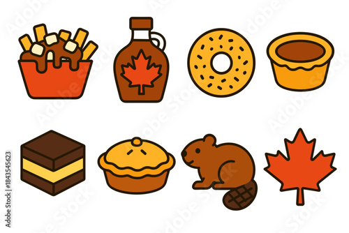 Icon set representing canadian cuisine and symbols including poutine and maple leaf