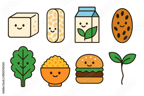 Cute vegan food icons: tofu, milk, cookies, leaf, quinoa, burger, plant