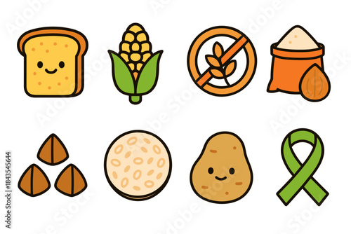 Cute gluten-free icons: bread, corn, grain-free symbols, and awareness ribbon