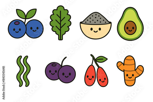 Smiling superfoods: blueberries, chia, avocado, seaweed, acai, goji, turmeric illustration