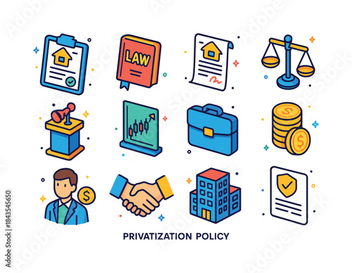 Privatization Icon Set. Privatization Policy. Colorful isometric