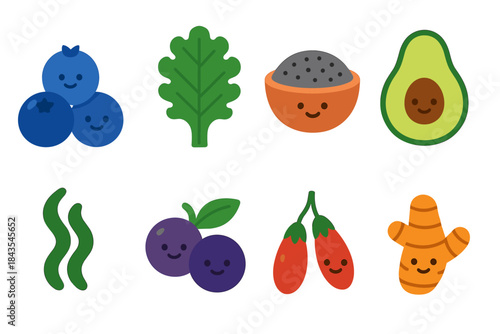 Smiling superfoods: cute illustrations of blueberries, avocado, chia, and more