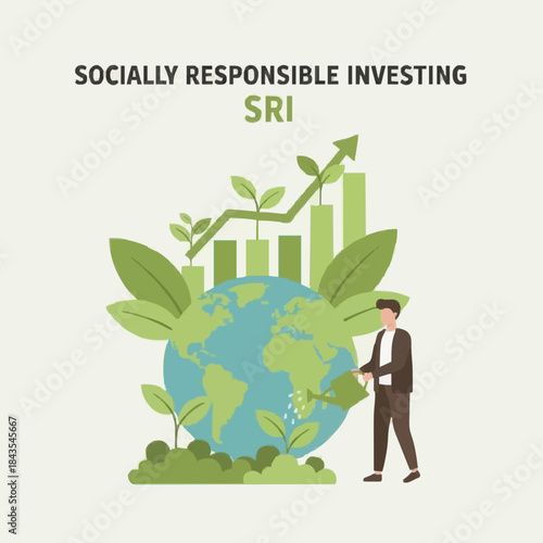 Socially Responsible Investing (SRI) Concept. Business Man Watering Plants on Earth Globe with Growing Chart. Ethical and Green Investment Strategy Illustration.