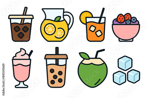 Colorful assorted beverages and refreshments icons collection