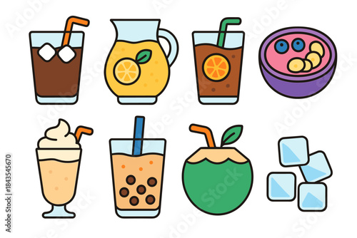 Colorful beverage icons featuring juice, coffee, smoothie, and bubble tea