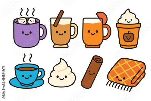 Cute kawaii hot drinks with whipped cream and spice elements