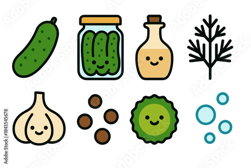 Cute pickle ingredients: cucumber, vinegar, garlic, dill, spices, bubble illustrations