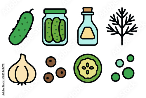 Illustrated pickling ingredients: cucumber, garlic, dill, vinegar, peppercorns