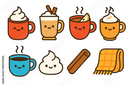 Cute cartoon coffee mugs with whipped cream and cinnamon sticks