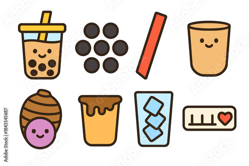 Cute bubble tea icons with smiling faces and ingredients