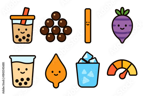 Cute bubble tea ingredients and icons with sweet expressions