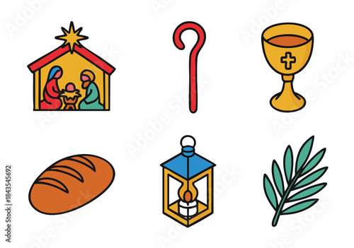 Religious Icons Nativity Scene Chalice Shepherd's Crook Bread Lantern Keywords: religion