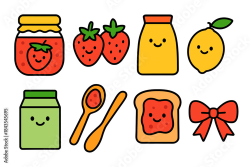 Cute smiling food icons featuring jam, strawberries, lemon, and toast