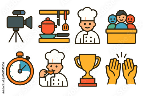 Culinary icons: chef, cooking, trophy, clapping hands, stopwatch, camera, family