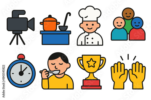 Cooking show elements: chef, kitchen tools, teamwork, and trophies