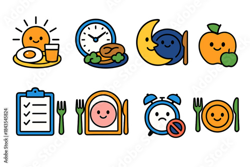 Healthy eating and daily routine icons: breakfast, meals, fruits, time management, nutrition
