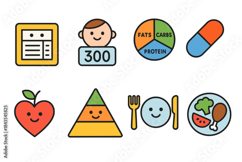Colorful nutrition and health icons including diet diagram and food symbols