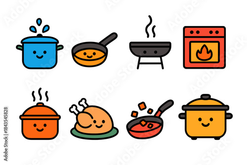 Cute kawaii kitchenware icons - stove, pan, grill, pot, oven, casserole, utensils, roast, cooking