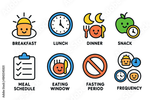 Meal planning icons: breakfast, lunch, dinner, snack, schedule, fasting, frequency