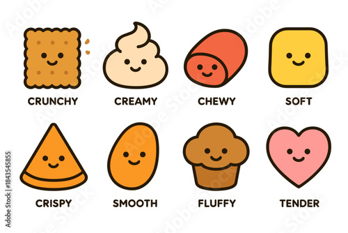 Cute cartoon faces on assorted snack shapes with various textures and emotions