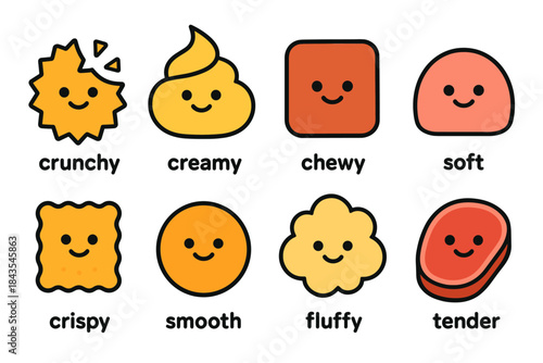 Adorable cartoon style faces and textures representing various food textures with happy expressions