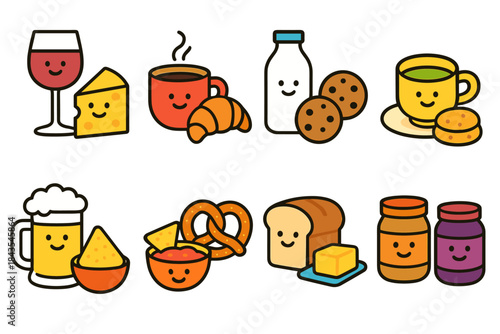 Smiling cartoon foods: cheese wine bread cookies pretzels jam